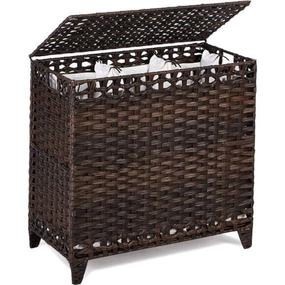 Laundry Hamper with 3 Removable Liner Bags; 132L Handwoven Rattan Laundry Basket